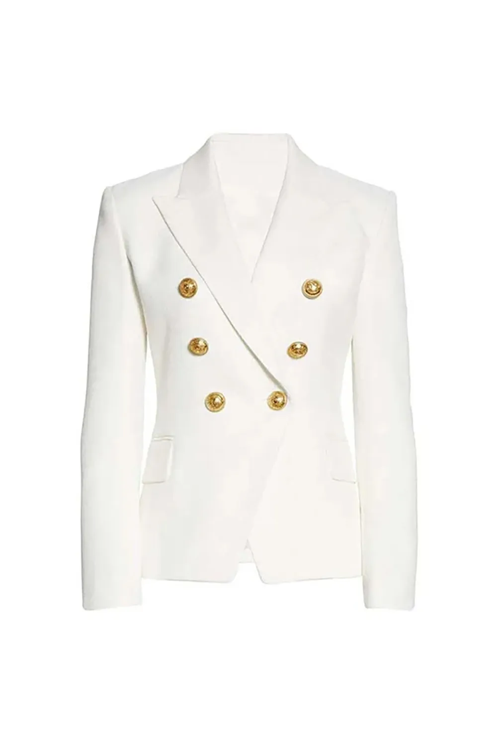 Classic Peak Lapel Shoulder Pad Double Breasted Cinch Waist Blazer