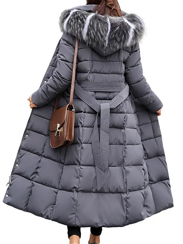 Women's Parka Winter Long Puffer Jacket Thicken Warm Coat with Fur Collar Windproof Casual Jacket Zip up Quilted Long Sleeve with Pockets
