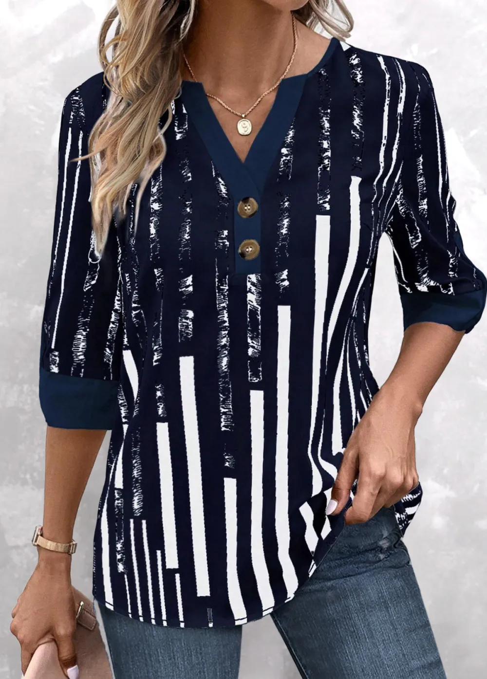 Navy Patchwork Striped 3/4 Sleeve Split Neck Blouse