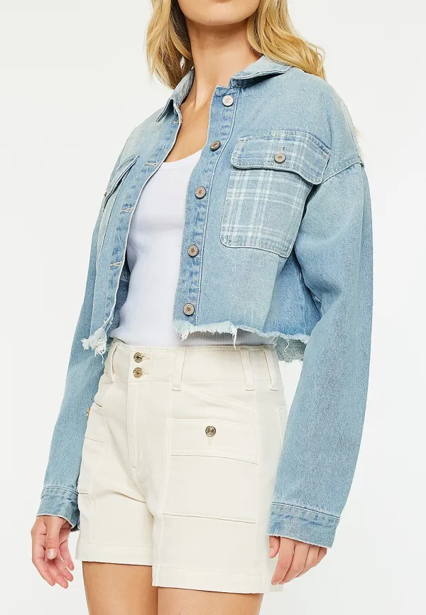 Rigid Plaid Drop Shoulder Crop Jacket