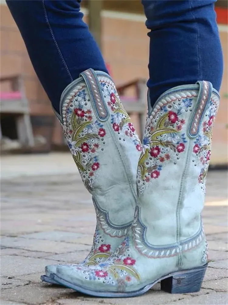 Vintage Floral Embroidered Cowgirl Boots