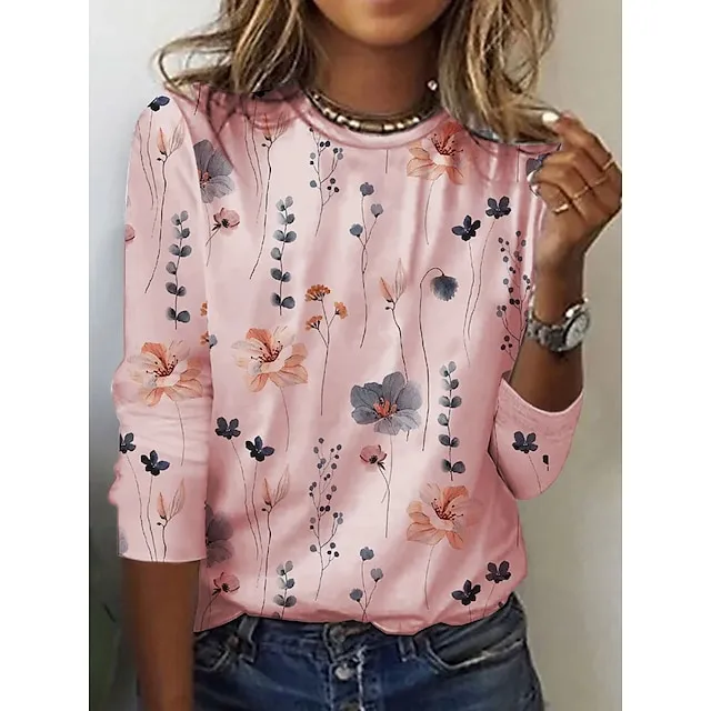 Women's T shirt Tee White Yellow Pink Floral Print Long Sleeve Holiday Weekend Basic Round Neck Regular Fit Floral Painting Fall & Winter