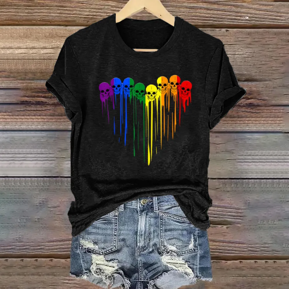 Women'S LGBT Gay Pride Skull Rainbow Heart LGBT Support T Shirt