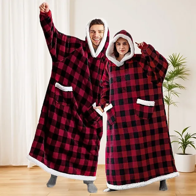 Oversized Wearable Blanket Christmas Flannel Thick Soft Warm Long Hoodie Blanket Big Hooded Sweatshirt Hoodie Blanket for Adults Women Girls Teenagers Teens Men Black