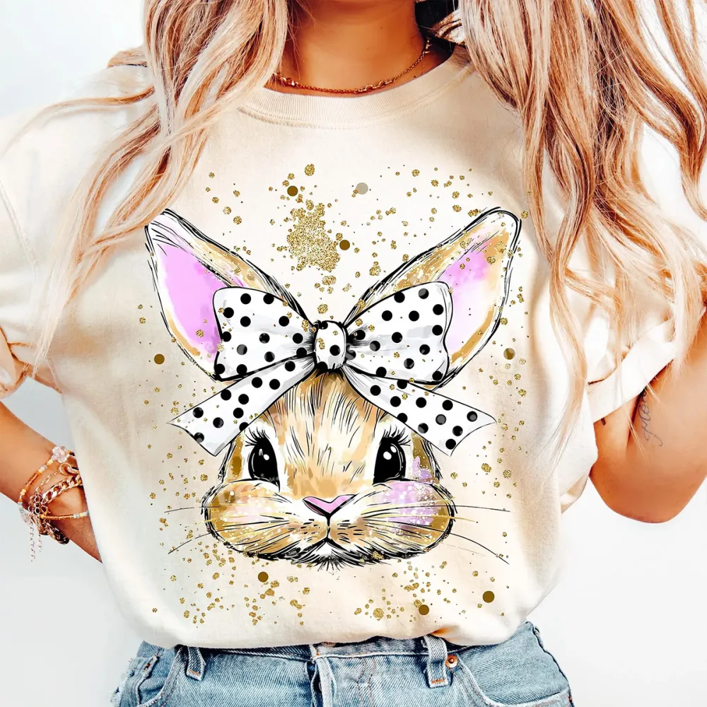 Easter Hand Drawn Bunny Printed Round Neck Short Sleeve T-Shirt