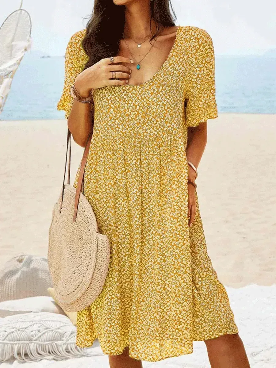 Floral Print Mid-length Casual Short-sleeved Shift Dress