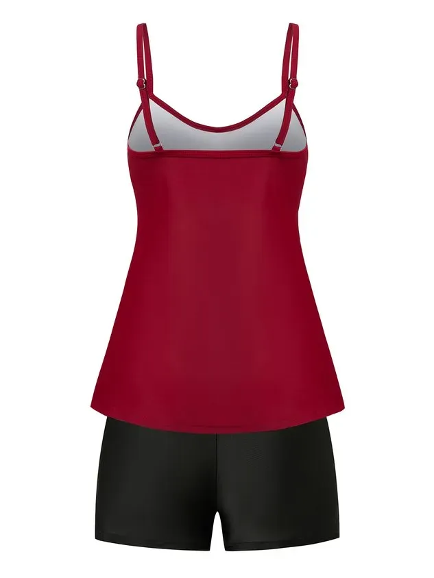 Vacation Plain Flouncing Scoop Neck Tankinis Two-Piece Set