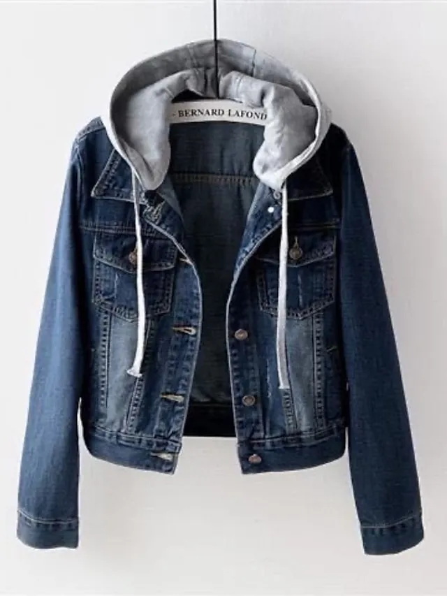 Women's Denim Jacket Fall Hoodie Jacket Warm Breathable Button Pocket Single Breasted Turndown Active Chic & Modern Comfortable Street Style Regular Fit Outdoor Daily Wear Vacation Going out