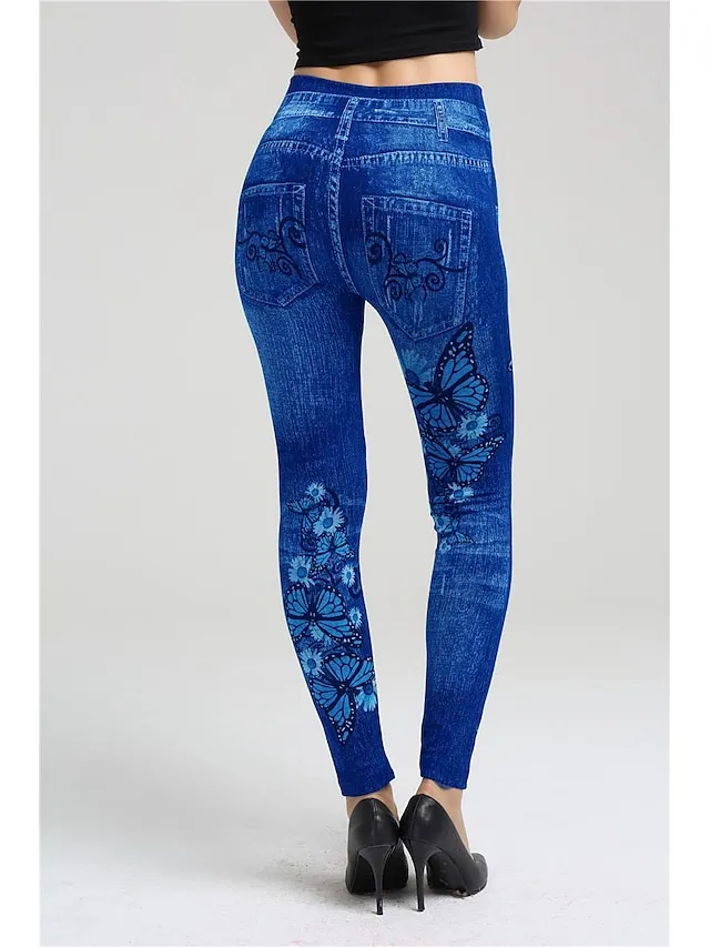 Women's Jeans Skinny Bell Bottom Ankle-Length Faux Denim Print High Elasticity High Waist Tights Casual / Sporty Casual Weekend Blue S M