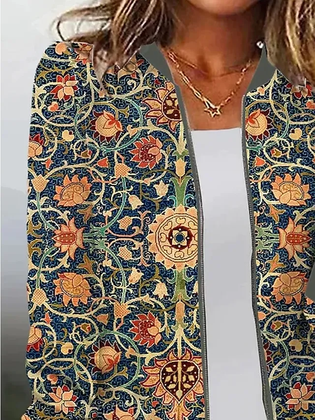 Women's Bomber Jacket Zip up Casual Jacket Fall Floral Print Baseball Jackets Outerwear Long Sleeve Fall  Spring Green Casual Daily