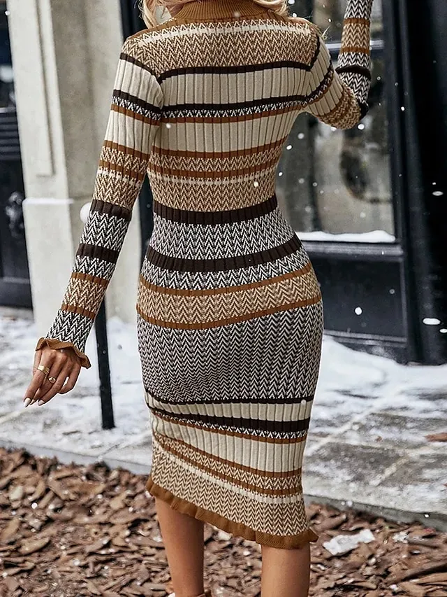 Women's Sweater Dress Jumper Dress Winter Dress Midi Dress Knitwear Daily Casual Stripe Outdoor Casual Daily Holiday Crew Neck Long Sleeve 2023 Regular Fit Beige One Size