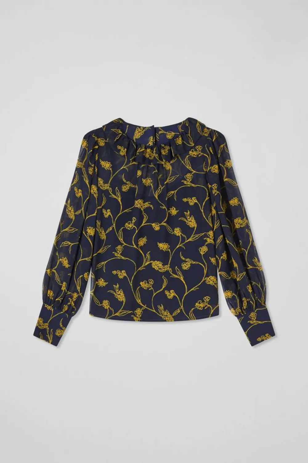 Navy Blue Floral Print Sheer Long Sleeve Shirt