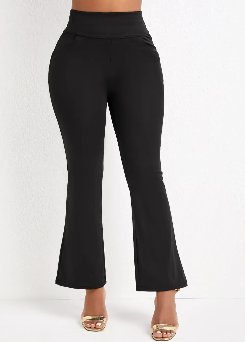 Black Pocket Flare Leg Elastic Waist Pants