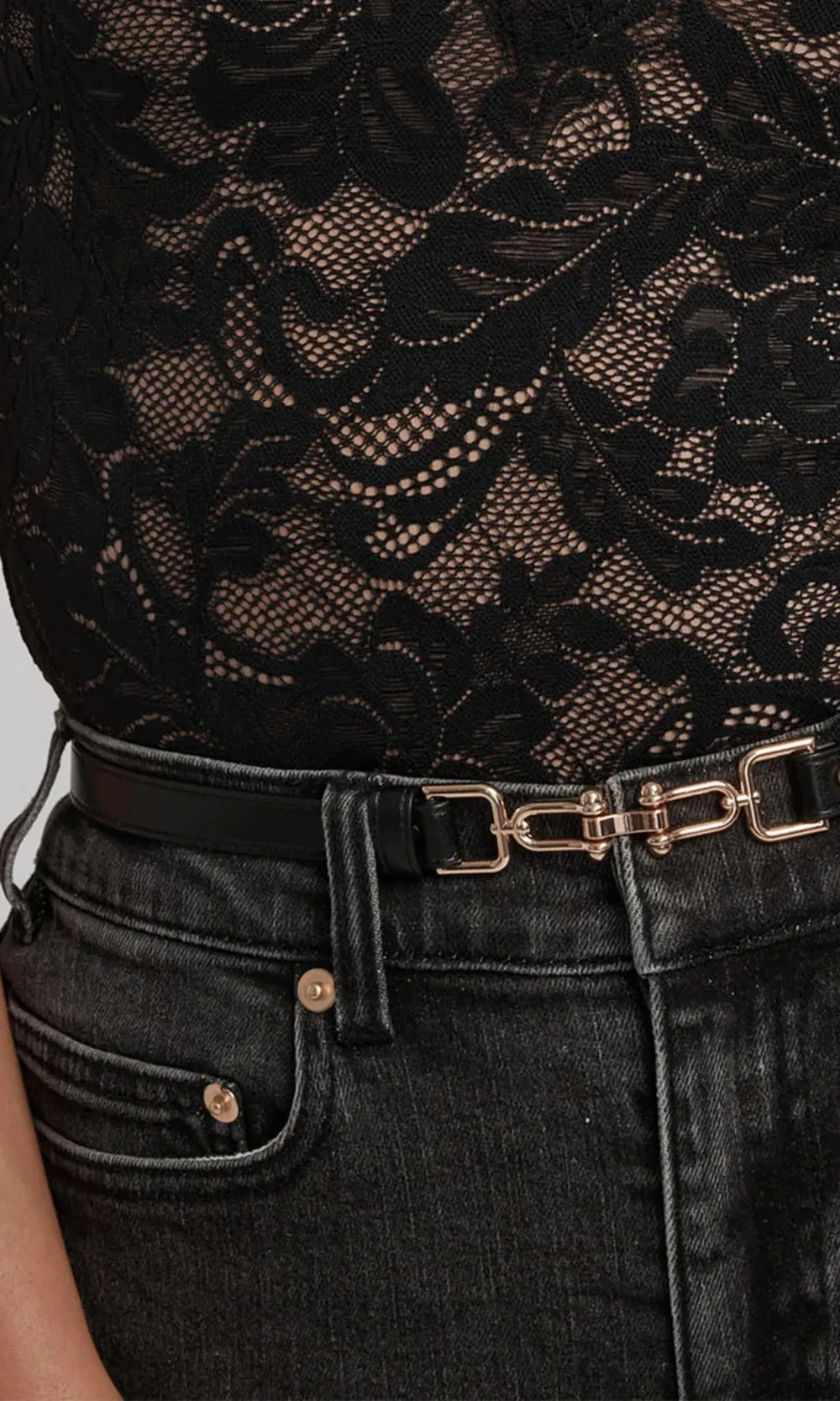 Denim Pants With Faux Leather Belt