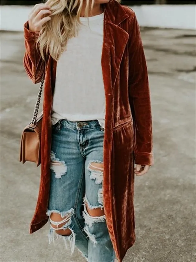 Women's Velvet Trench Coat Christmas Party Long Overcoat Winter Open Front Lapel Pea Coat Windproof Warm Street Xmas Jacket Long Sleeve with Pockets Dark Grey Black Yellow