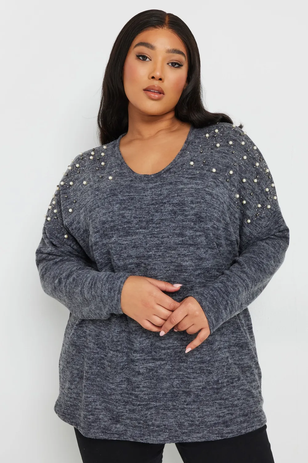 YOURS Curve Natural Brown Pearl Embellished Jumper