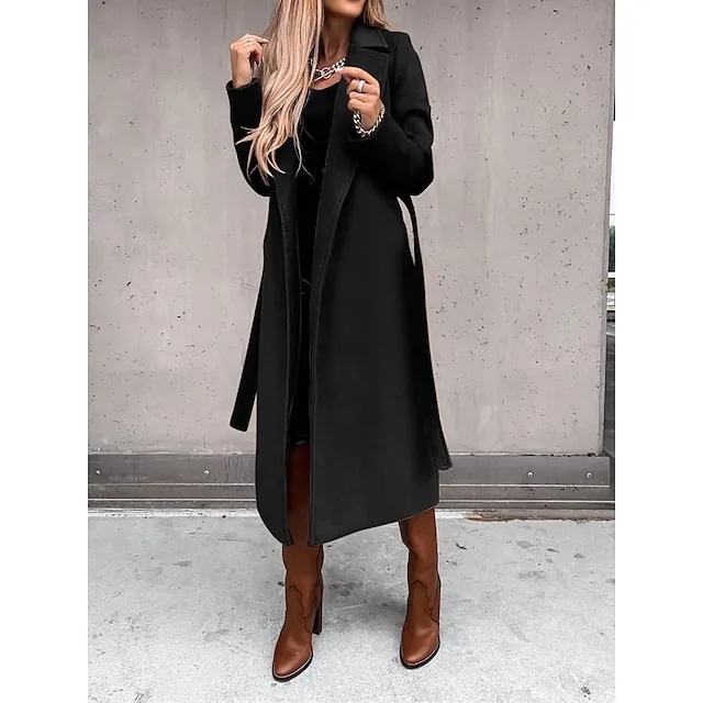 Women's Winter Coat Long Overcoat with Belt Fall Lapel Pea Coat with Pockets Trench Coat Fashion Street Wear Formal Jacket Long Sleeve  Black White Yellow