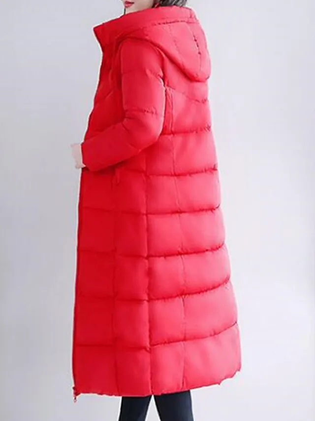 Women's Puffer Jacket Winter Jacket Winter Coat Hoodie Jacket Street Daily Valentine's Day Fall Winter Long Coat Regular Fit Warm Breathable Casual Jacket Long Sleeve Solid Color Full Zip Black Dusty