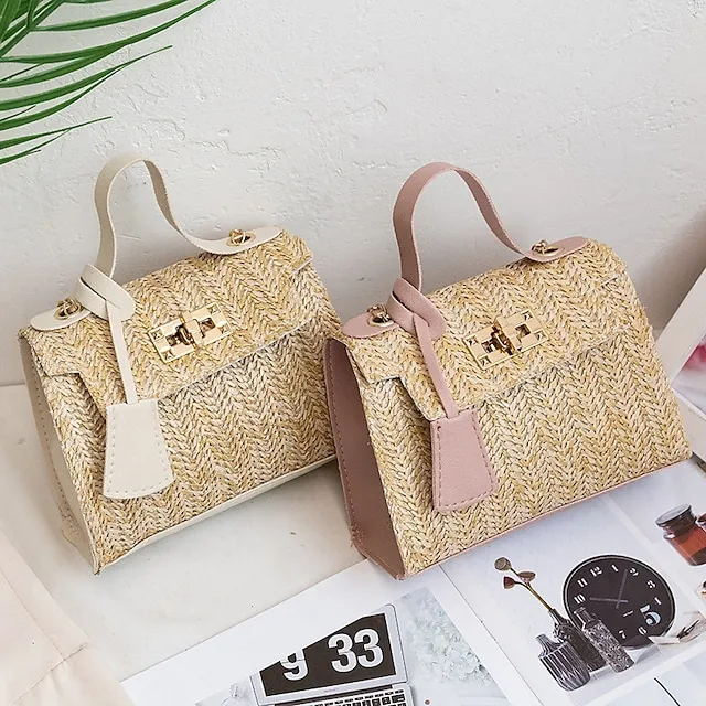 Fashion Women Straw Woven Shoulder Crossbody Messenger Bag Casual Ladies Summer Beach Vacation Chain Small Handbags Flap Purse