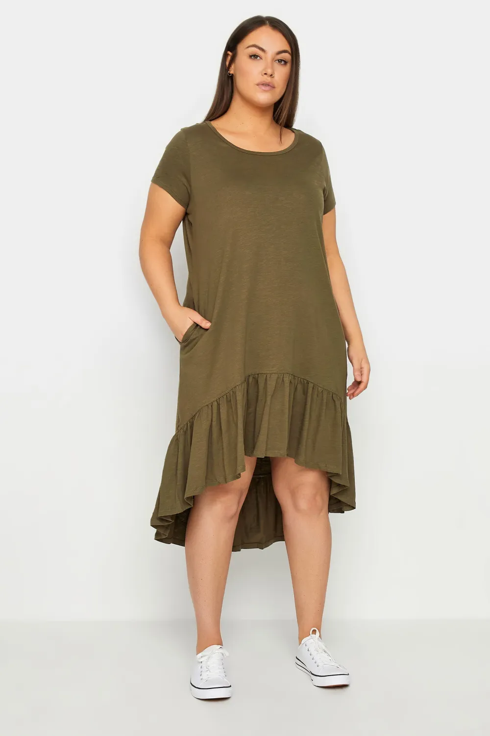Evans Khaki Green Ruffle Drape Pocket Tunic Dress