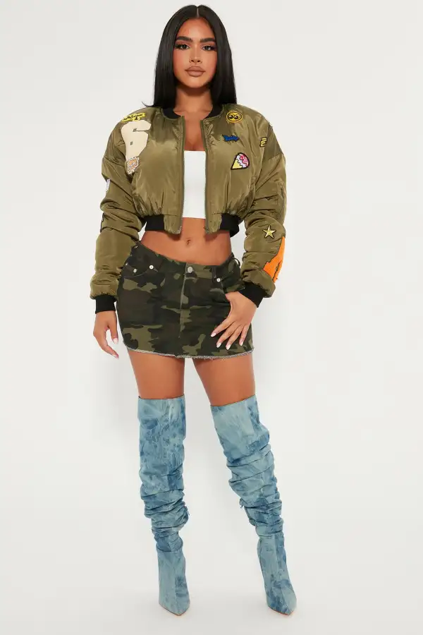 No Chill Cropped Bomber Jacket - Olive