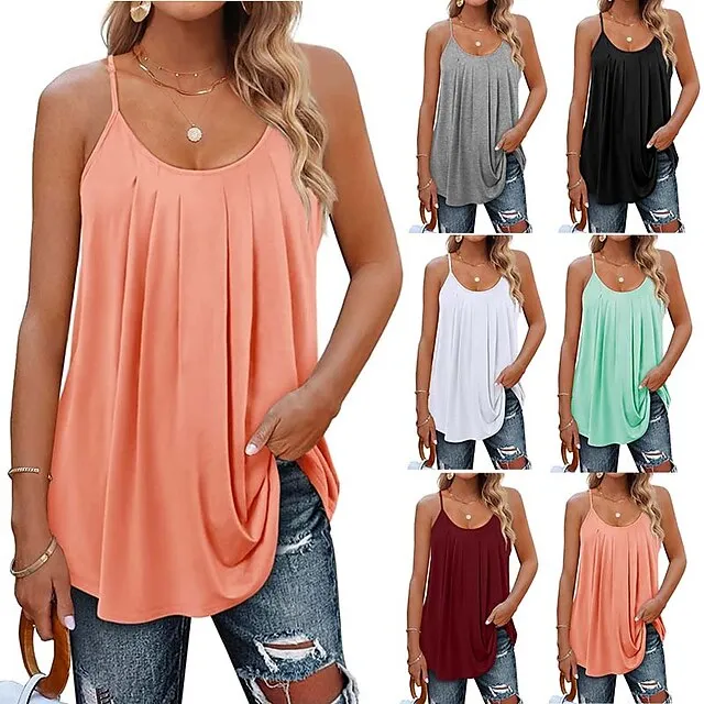 Women's Tank Top Camisole Plain Black White Light Green Sleeveless Casual Hawaiian Basic Round Neck Regular Fit