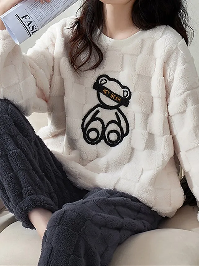 Women's Pajamas Sets Letter Bear Plush Casual Comfort Home Daily Bed Coral Fleece Coral Velvet Warm Crew Neck Long Sleeve Pullover Pant Fall Winter 3206 Pink Checkered Bear Girl 3202 Pink Checkered