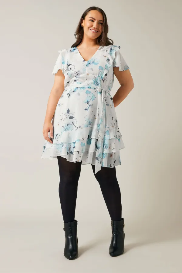 EVANS Curve White Blue Floral Print Ruffle Dress