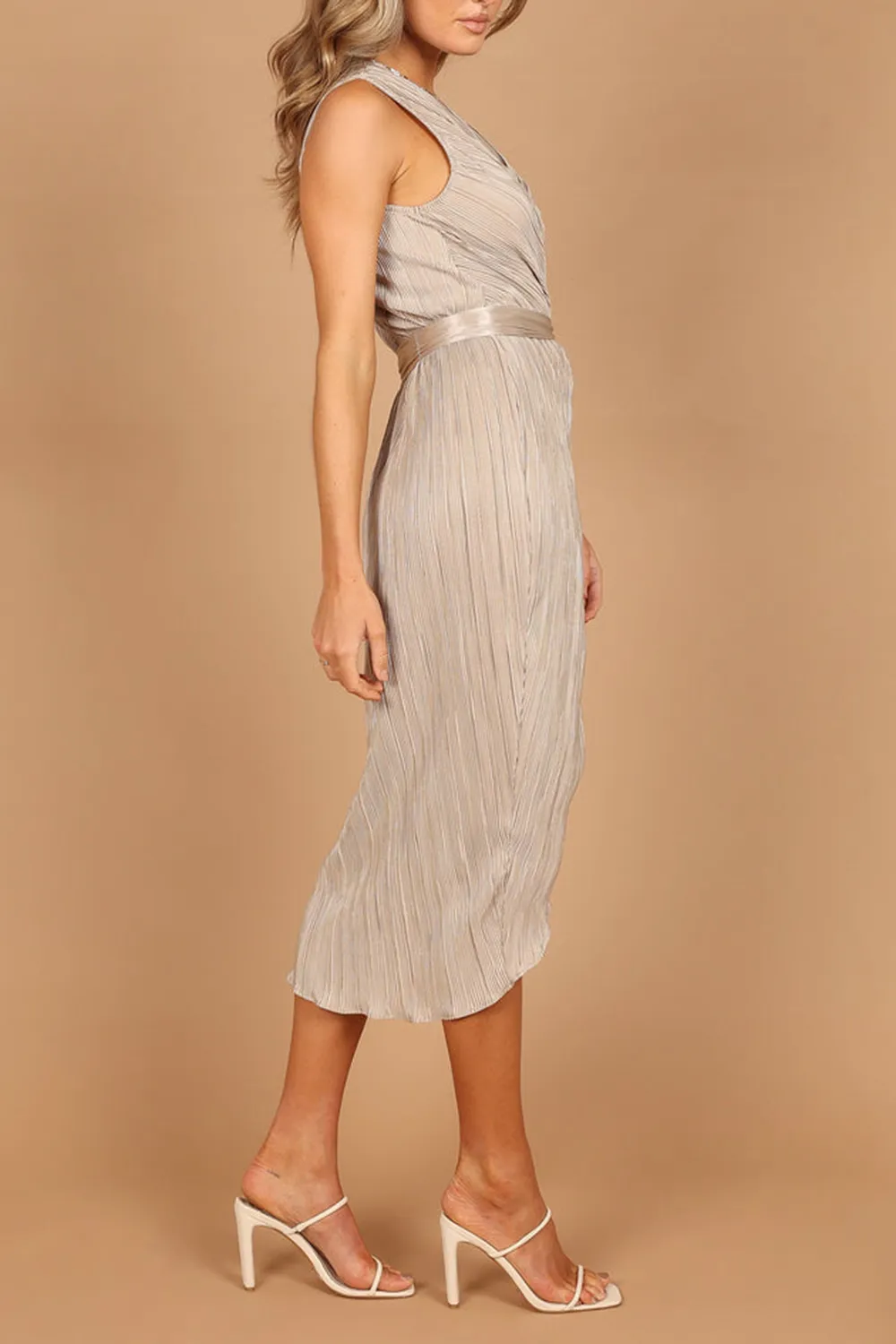 CHAMPAGNE PLEATED WRAP MIDI DRESS
