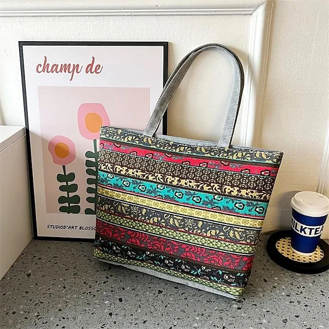 Women's Tote Shoulder Bag Canvas Tote Bag Canvas Shopping Daily Zipper Large Capacity Foldable Lightweight Striped Patchwork Folk Red stripes Red square Black square