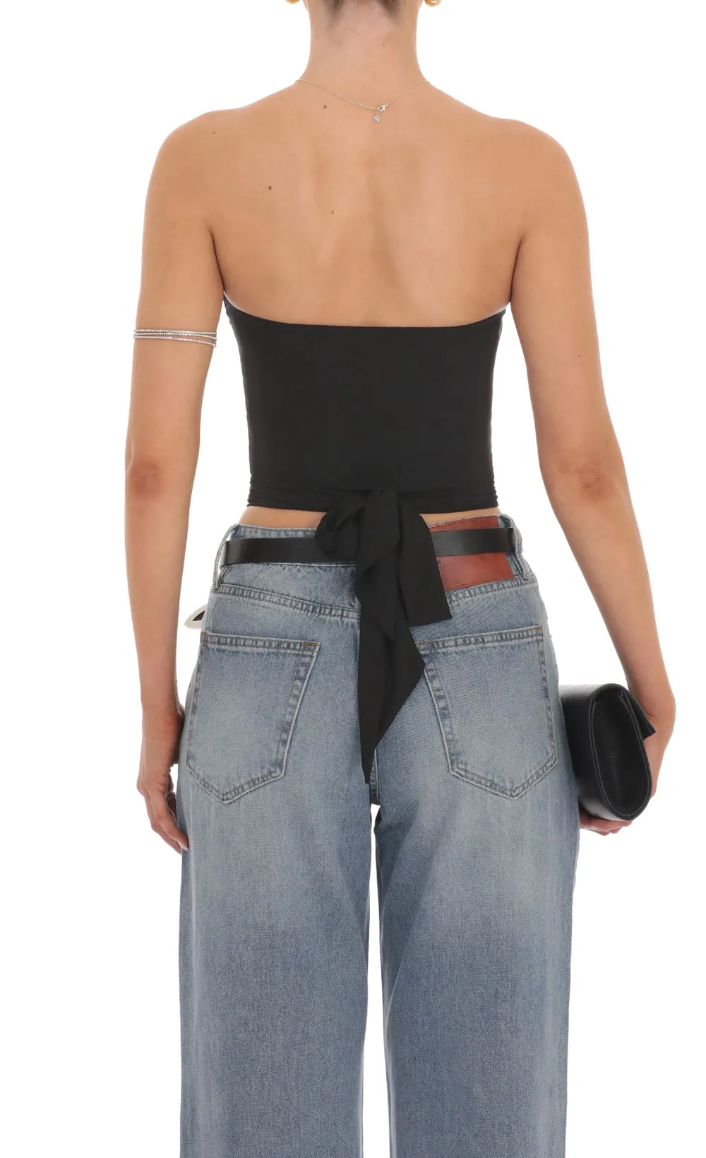 Mesh Cutout Strapless Top in Black