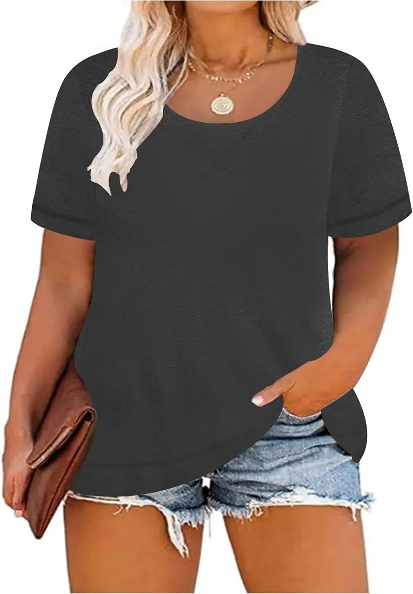 TIYOMI Plus Size T Shirt for Women Short Sleeve Tunic Cross Line Shirts Round Neck Tops Summer Blouse XL-5XL 14-28