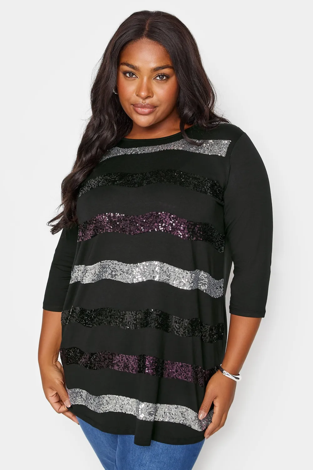 YOURS Curve Black Stripe Sequin Embellished Top