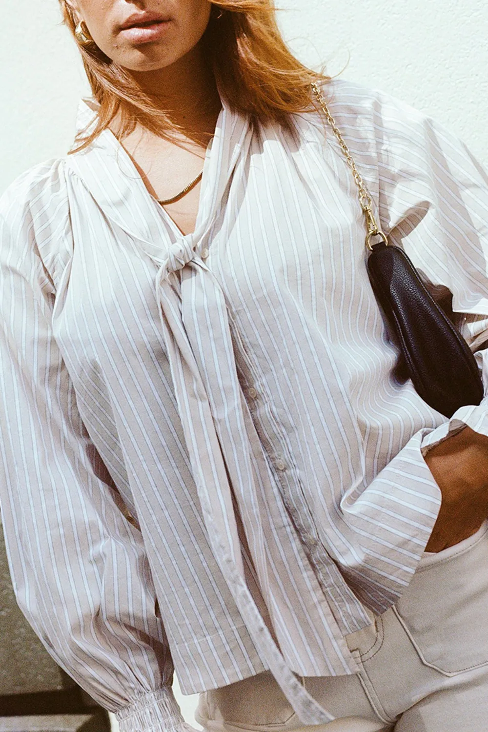 Ecru Stripe Tie Front Blouse
