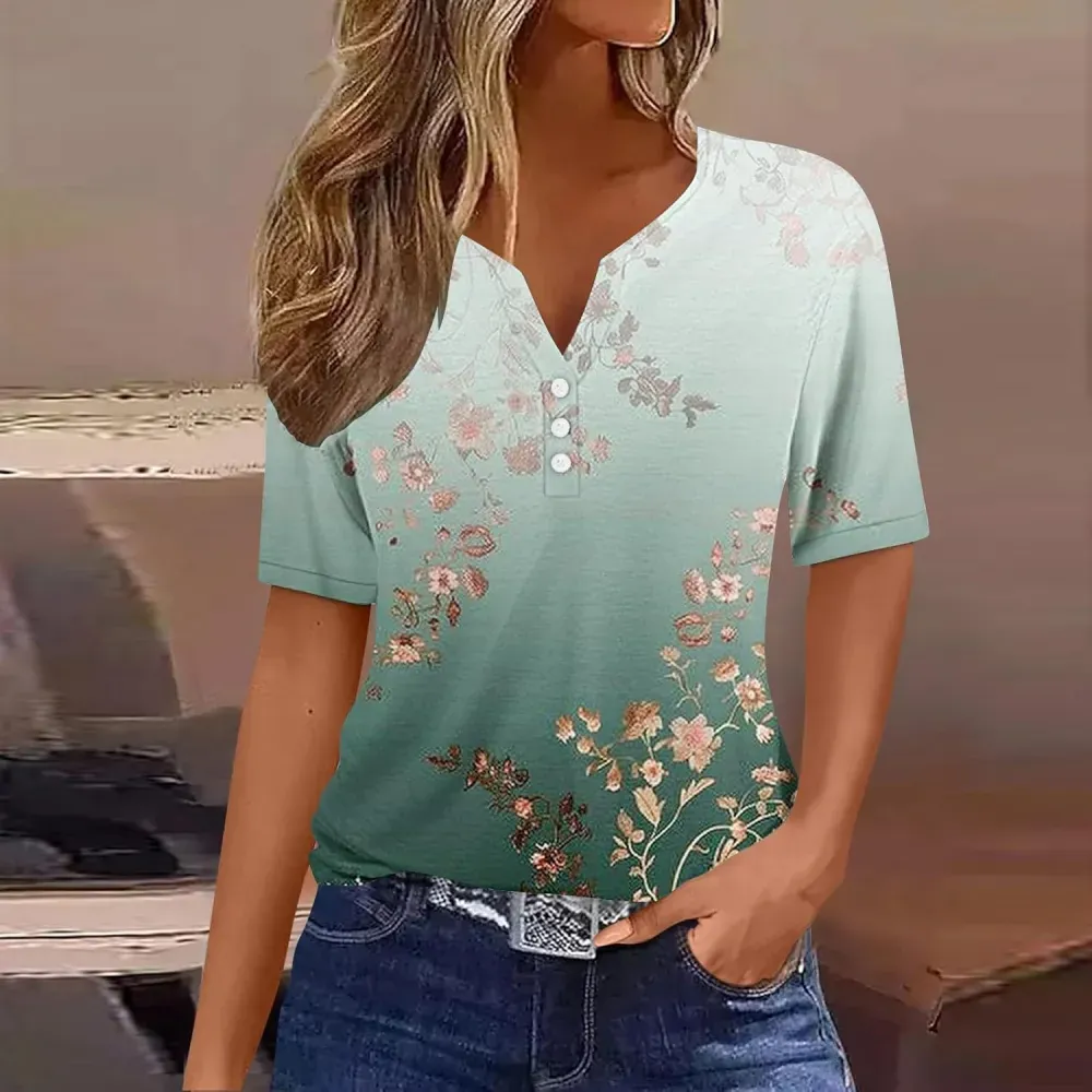 Shirts for Women Casual Printed Summer Tops Short-Sleeved Button V-Neck Tops Blouse Fashion Boho T-Shirts