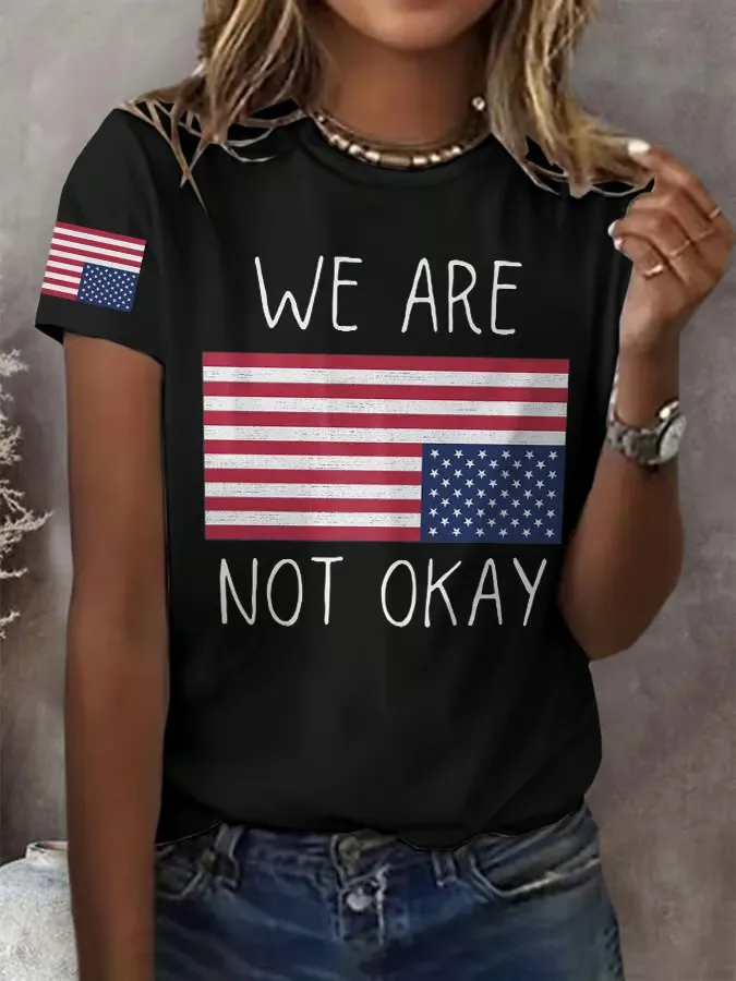 Women'S T-Shirt Retro We Are Not Ok Print T-Shirt Pure Cotton Round Neck Print Short Sleeve