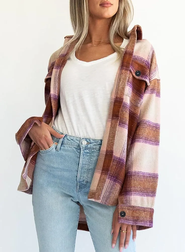Women's Flannel Plaid Shacket Long Sleeve Button Down Chest Pocketed Shirts Jacket Coats