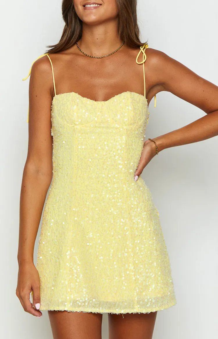 Sequin Sweetheart Neck Yellow Mini Dress