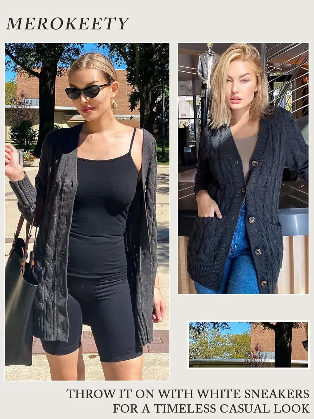 MEROKEETY Women's 2024 Fall Long Sleeve Cable Knit Sweater Open Front Cardigan Button Loose Outerwear