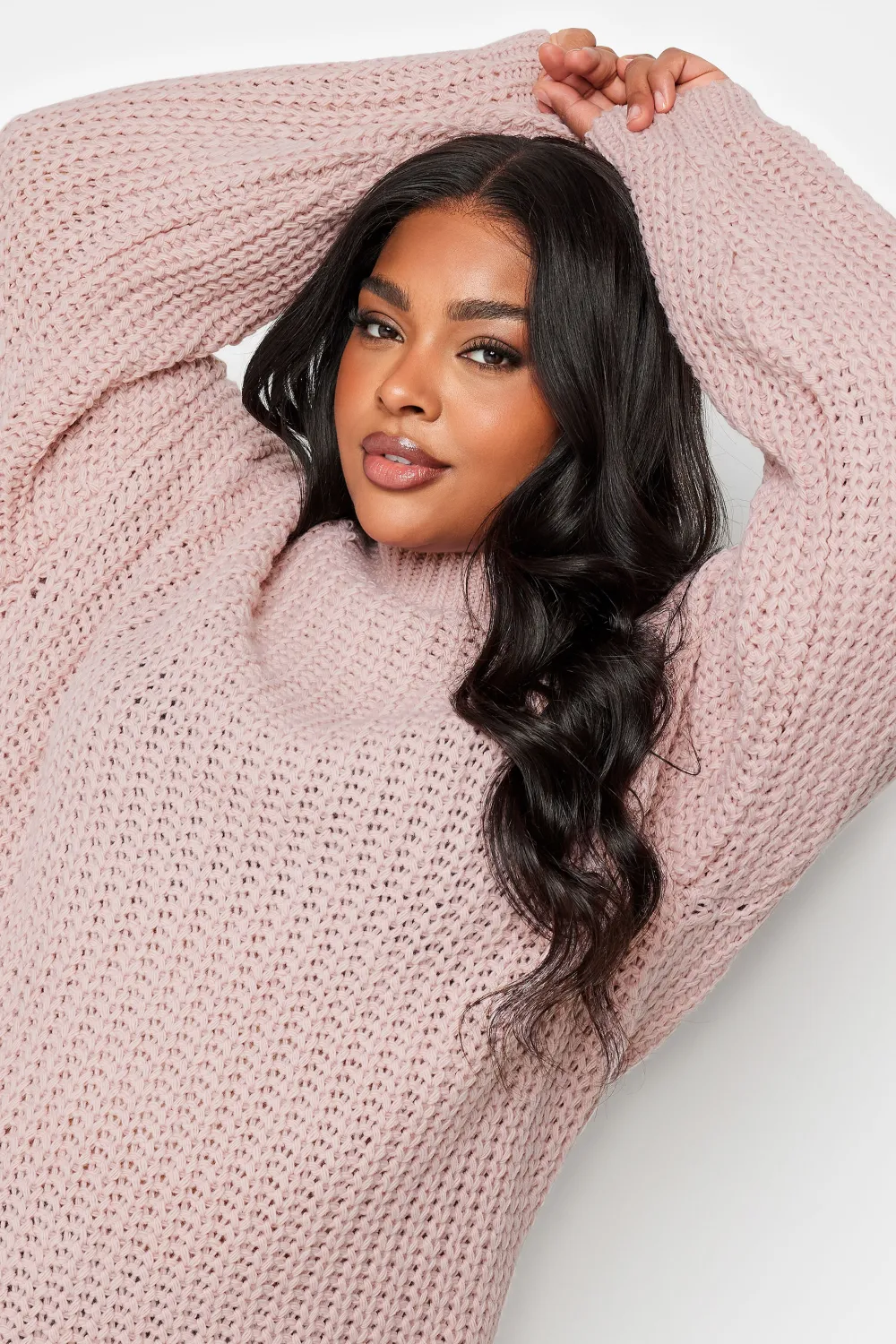 YOURS Curve Pink Funnel Neck Oversized Knitted Jumper