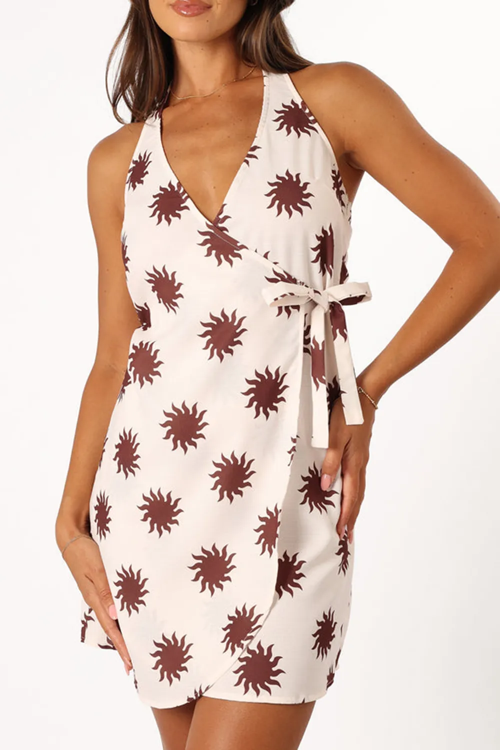 CREAM STRAPS WRAP MINI DRESS