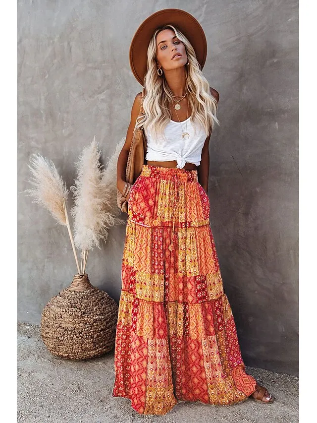 Women's Skirt Swing Long Skirt Maxi Red Blue Purple Orange Skirts Spring & Fall Ruffle Print Fashion coastal grandma style Boho Holiday Casual Daily S M L