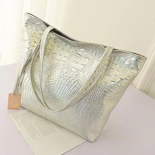 Women's Tote Shoulder Bag Tote Nylon PU Leather Outdoor Office Daily Zipper Solid Color Silver Black Gold