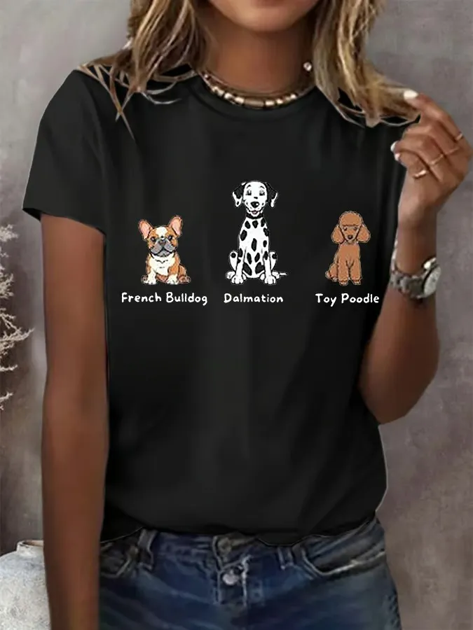 Women'S French Bulldog Dalmatian Toy Poodle Print Round Neck T-Shirt
