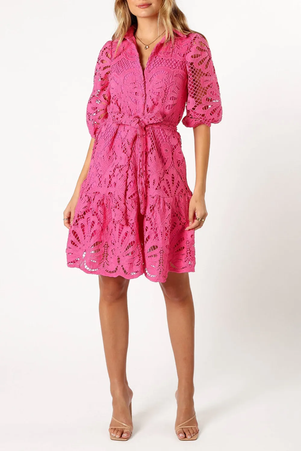 PINK HOLLOW LONG SLEEVE MINI DRESS