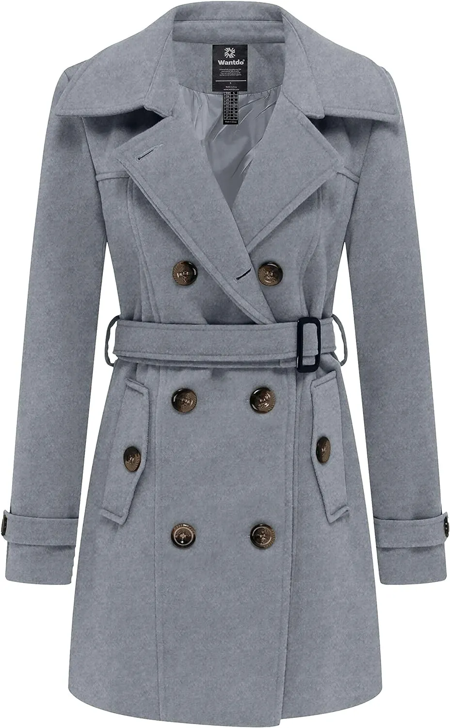 Women's Double Breasted Pea Coat Winter Mid-Long Trench Coat with Belt