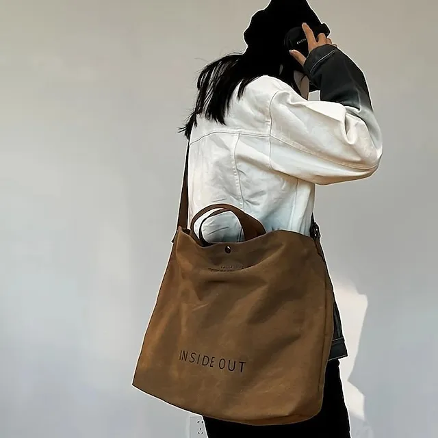 Casual Large-capacity Fashion Shoulder Bag Alphabet Print Zipper Trendy Handbag With Adjustable Strap Women Canvas Shoulder Bag Fashion Big Tote Khaki Black Green