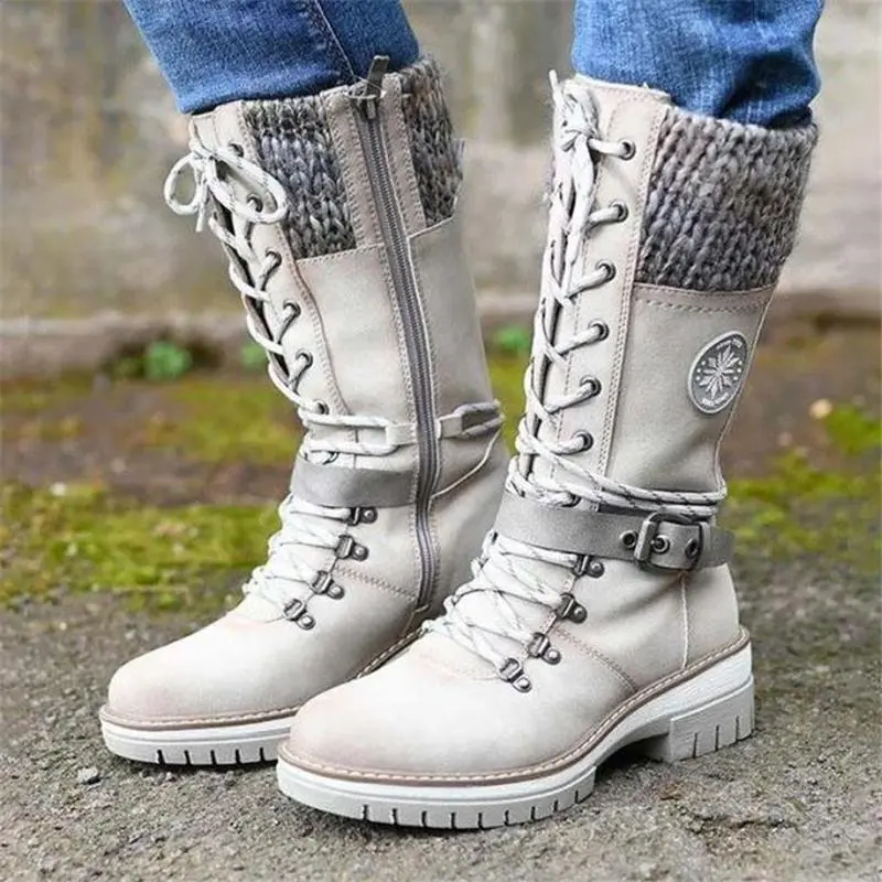 Retro Style Chunky Low Heel Lace Up Knitted Mid-Calf Boots