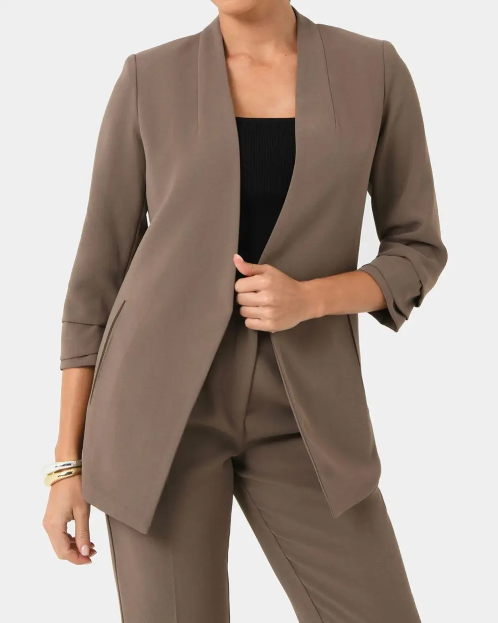 Crepe Textured Fabric Collarless Blazer -Sepia