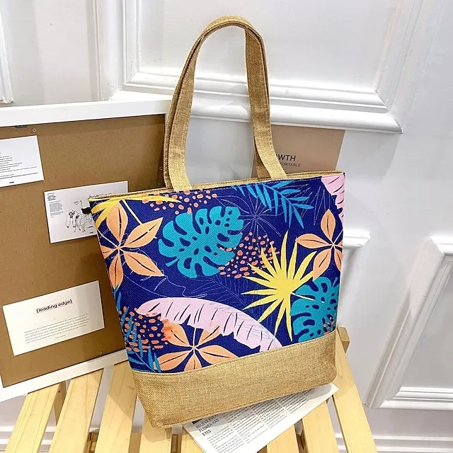 Women's Tote Shoulder Bag Canvas Tote Bag Canvas Outdoor Daily Holiday Zipper Flower Print Large Capacity Foldable Lightweight Geometric Flower Colorful feathers Autumn leaves Rainforest
